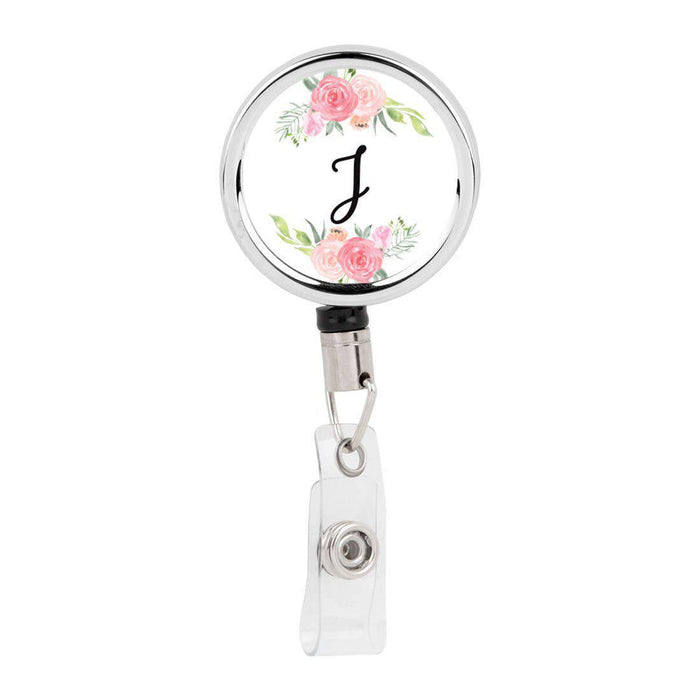 Retractable Badge Reel Holder With Clip, Monogram Blush Pink And Cream Flowers-Set of 1-Andaz Press-J-