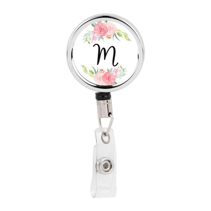 Retractable Badge Reel Holder With Clip, Monogram Blush Pink And Cream Flowers-Set of 1-Andaz Press-M-