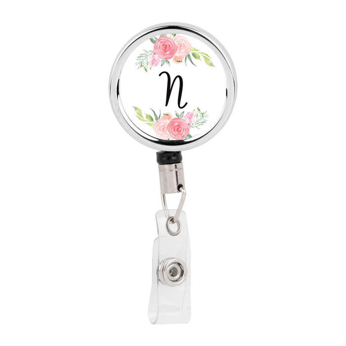 Retractable Badge Reel Holder With Clip, Monogram Blush Pink And Cream Flowers-Set of 1-Andaz Press-N-