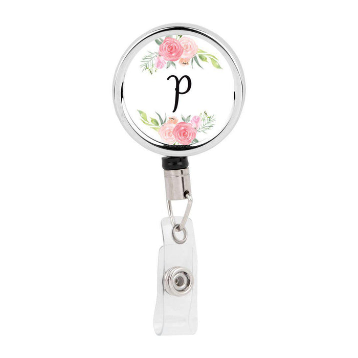 Retractable Badge Reel Holder With Clip, Monogram Blush Pink And Cream Flowers-Set of 1-Andaz Press-P-