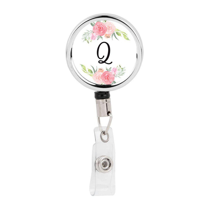 Retractable Badge Reel Holder With Clip, Monogram Blush Pink And Cream Flowers-Set of 1-Andaz Press-Q-