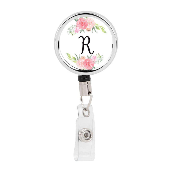 Retractable Badge Reel Holder With Clip, Monogram Blush Pink And Cream Flowers-Set of 1-Andaz Press-R-