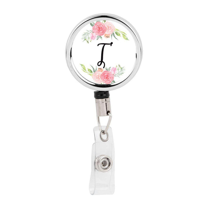 Retractable Badge Reel Holder With Clip, Monogram Blush Pink And Cream Flowers-Set of 1-Andaz Press-T-