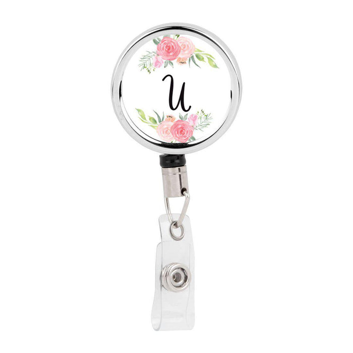 Retractable Badge Reel Holder With Clip, Monogram Blush Pink And Cream Flowers-Set of 1-Andaz Press-U-