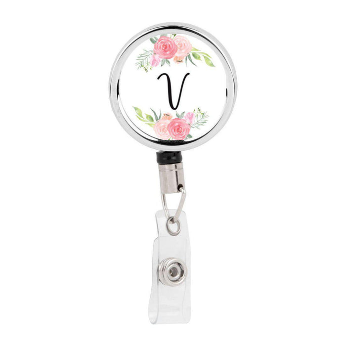 Retractable Badge Reel Holder With Clip, Monogram Blush Pink And Cream Flowers-Set of 1-Andaz Press-V-