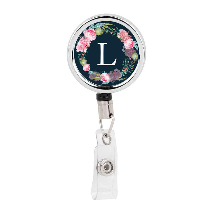 Retractable Badge Reel Holder With Clip, Monogram Blush Pink Peonies Flowers-Set of 1-Andaz Press-A-