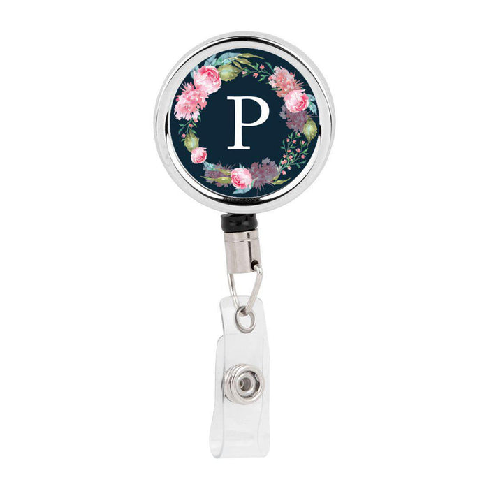 Retractable Badge Reel Holder With Clip, Monogram Blush Pink Peonies Flowers-Set of 1-Andaz Press-A-