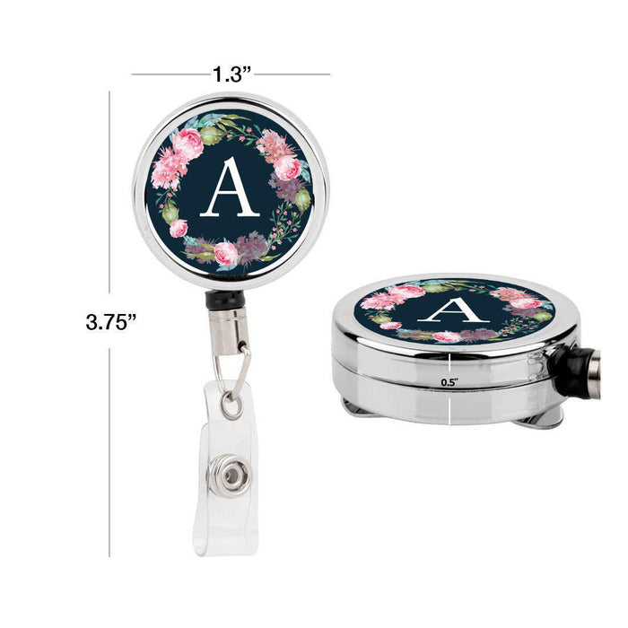 Retractable Badge Reel Holder With Clip, Monogram Blush Pink Peonies Flowers-Set of 1-Andaz Press-A-