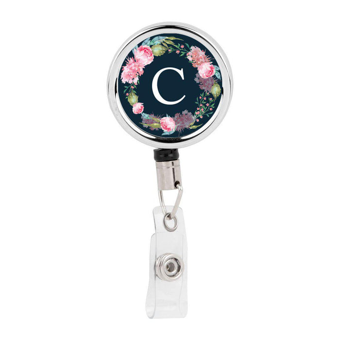 Retractable Badge Reel Holder With Clip, Monogram Blush Pink Peonies Flowers-Set of 1-Andaz Press-A-