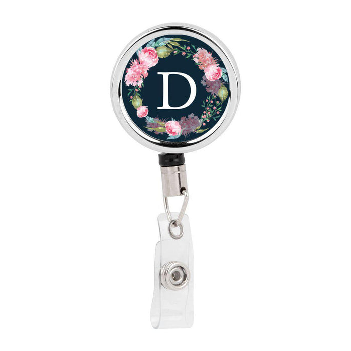 Retractable Badge Reel Holder With Clip, Monogram Blush Pink Peonies Flowers-Set of 1-Andaz Press-A-