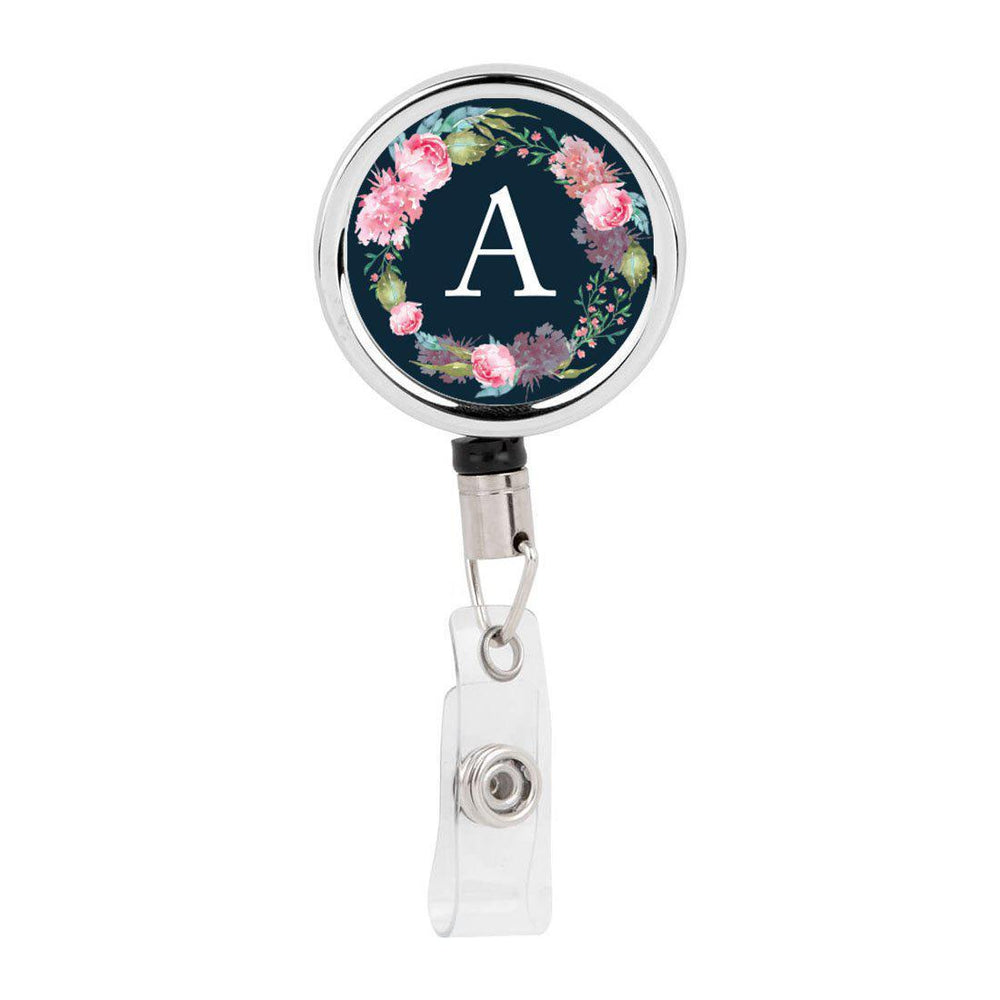 Retractable Badge Reel Holder With Clip, Monogram Blush Pink Peonies Flowers-Set of 1-Andaz Press-A-