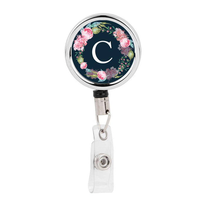 Retractable Badge Reel Holder With Clip, Monogram Blush Pink Peonies Flowers-Set of 1-Andaz Press-C-