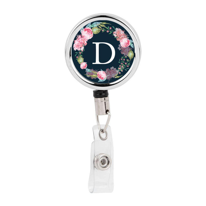 Retractable Badge Reel Holder With Clip, Monogram Blush Pink Peonies Flowers-Set of 1-Andaz Press-D-