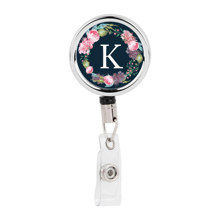 Retractable Badge Reel Holder With Clip, Monogram Blush Pink Peonies Flowers-Set of 1-Andaz Press-K-