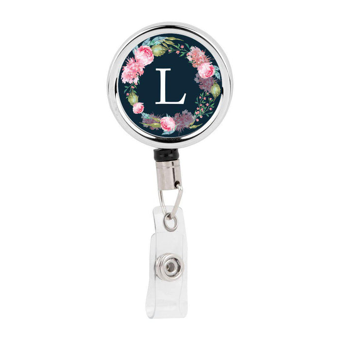 Retractable Badge Reel Holder With Clip, Monogram Blush Pink Peonies Flowers-Set of 1-Andaz Press-L-