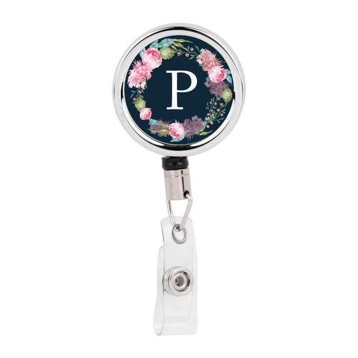 Retractable Badge Reel Holder With Clip, Monogram Blush Pink Peonies Flowers-Set of 1-Andaz Press-P-