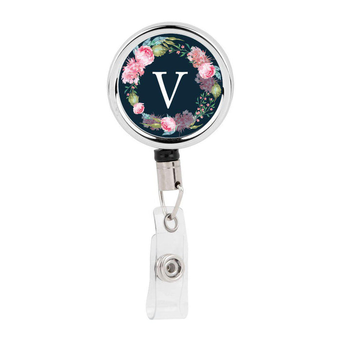 Retractable Badge Reel Holder With Clip, Monogram Blush Pink Peonies Flowers-Set of 1-Andaz Press-V-