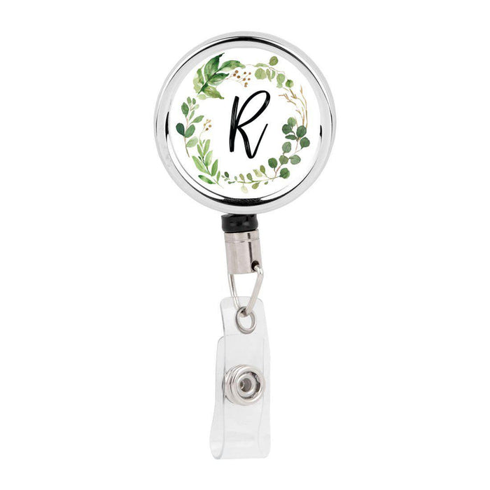 Retractable Badge Reel Holder With Clip, Monogram Eucalyptus Greenery-Set of 1-Andaz Press-A-