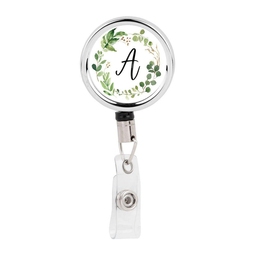 Retractable Badge Reel Holder With Clip, Monogram Eucalyptus Greenery-Set of 1-Andaz Press-A-