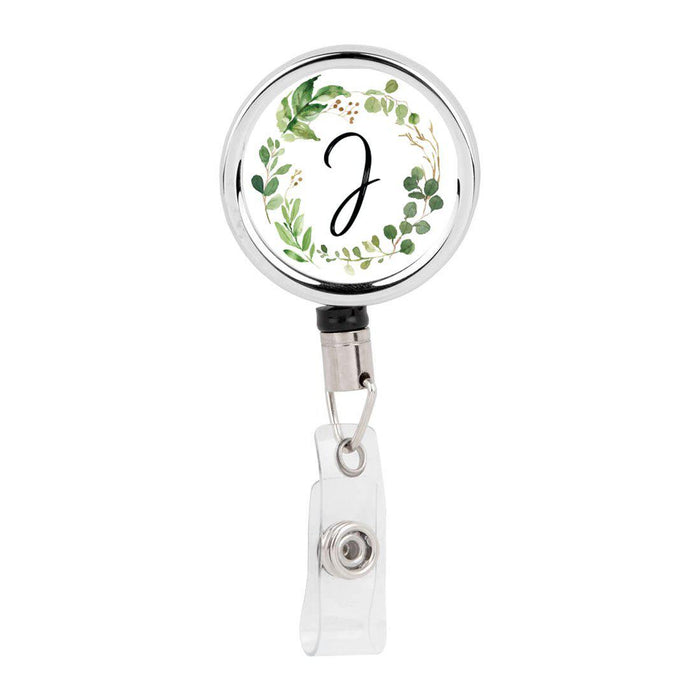 Retractable Badge Reel Holder With Clip, Monogram Eucalyptus Greenery-Set of 1-Andaz Press-J-