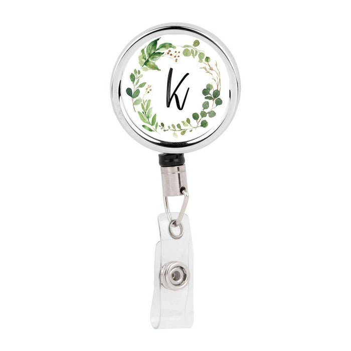 Retractable Badge Reel Holder With Clip, Monogram Eucalyptus Greenery-Set of 1-Andaz Press-K-
