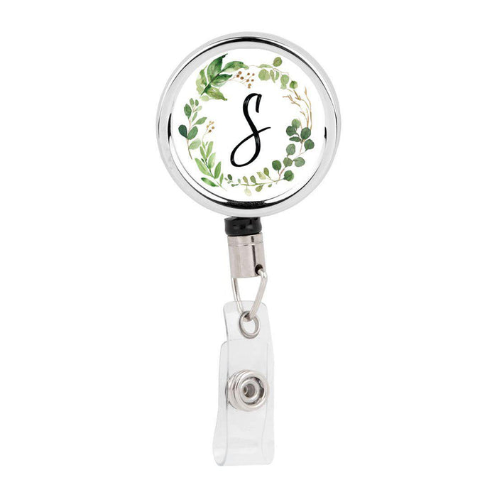 Retractable Badge Reel Holder With Clip, Monogram Eucalyptus Greenery-Set of 1-Andaz Press-S-