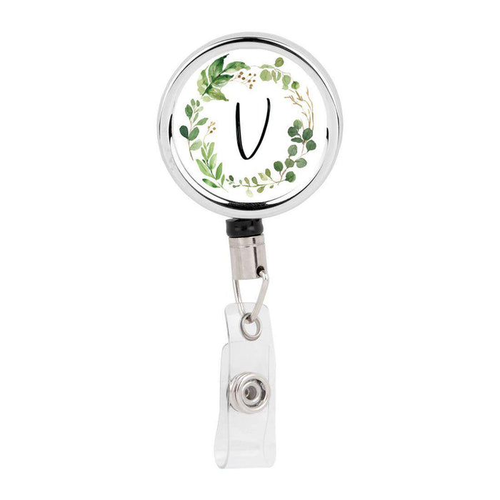 Retractable Badge Reel Holder With Clip, Monogram Eucalyptus Greenery-Set of 1-Andaz Press-V-