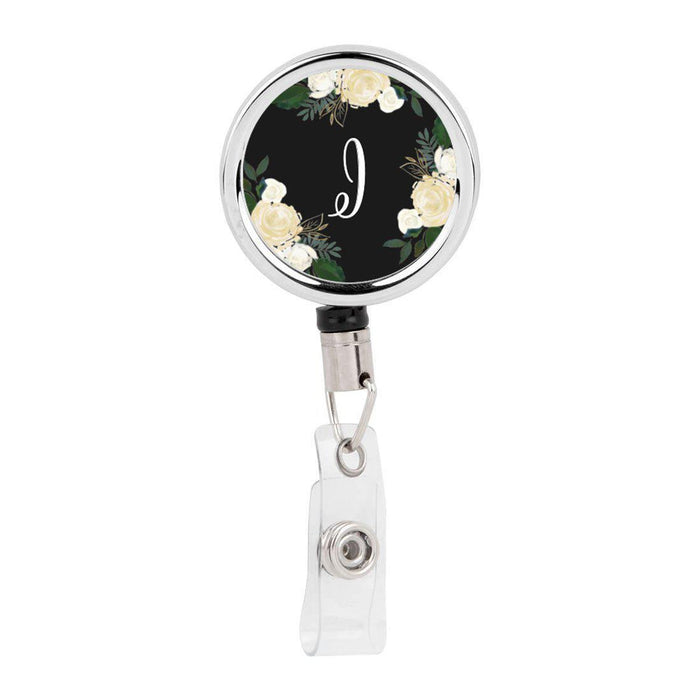 Retractable Badge Reel Holder With Clip, Monogram Ivory Cream Roses Floral-Set of 1-Andaz Press-A-