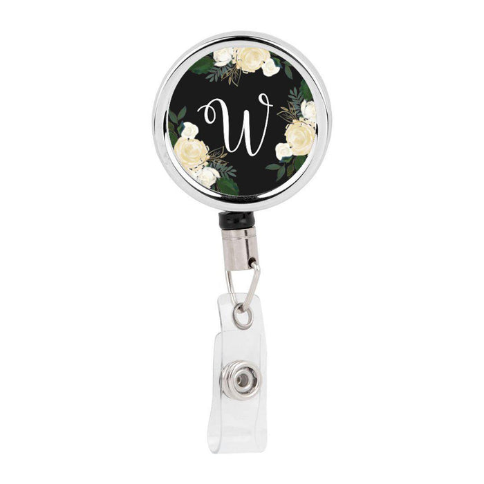Retractable Badge Reel Holder With Clip, Monogram Ivory Cream Roses Floral-Set of 1-Andaz Press-A-