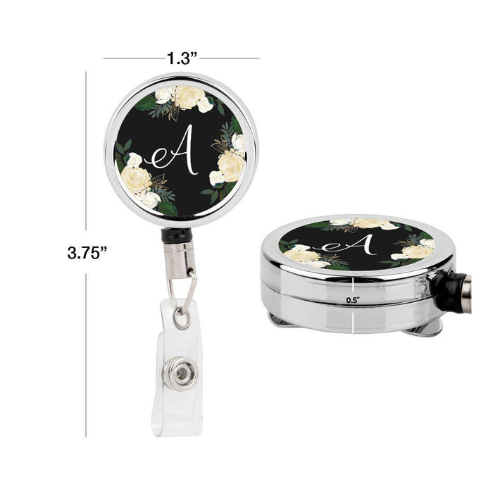 Retractable Badge Reel Holder With Clip, Monogram Ivory Cream Roses Floral-Set of 1-Andaz Press-A-