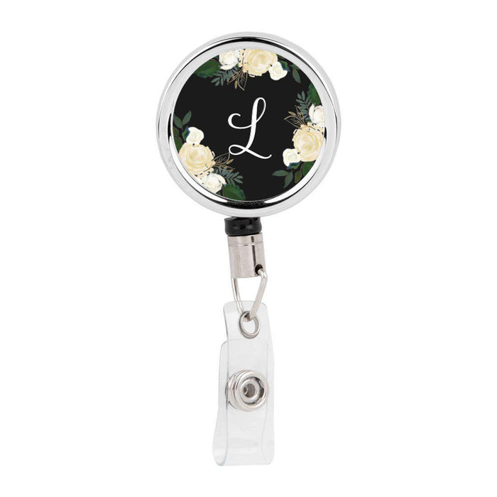 Retractable Badge Reel Holder With Clip, Monogram Ivory Cream Roses Floral-Set of 1-Andaz Press-L-