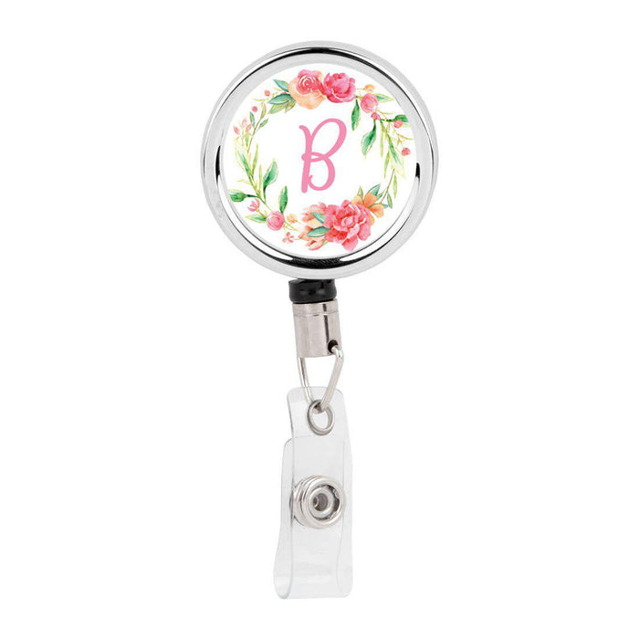 Retractable Badge Reel Holder With Clip, Monogram Wild Garden Floral-Set of 1-Andaz Press-B-