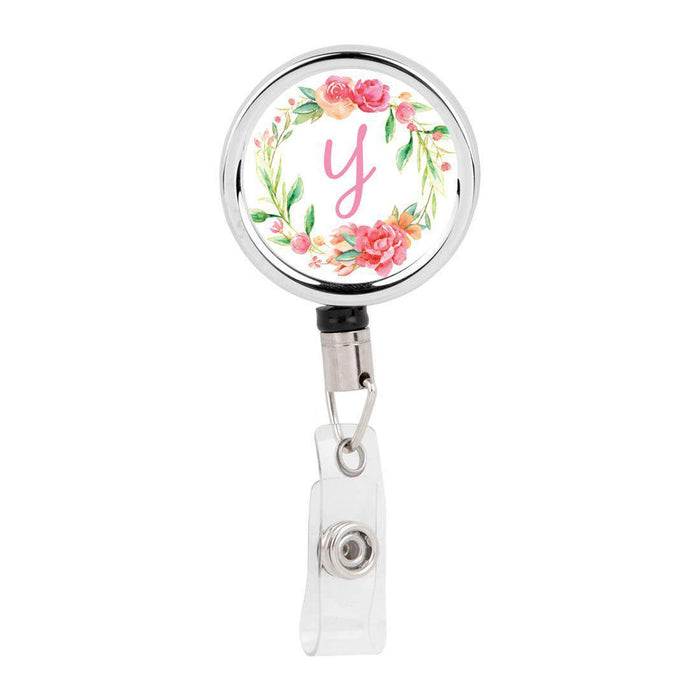 Retractable Badge Reel Holder With Clip, Monogram Wild Garden Floral-Set of 1-Andaz Press-Y-