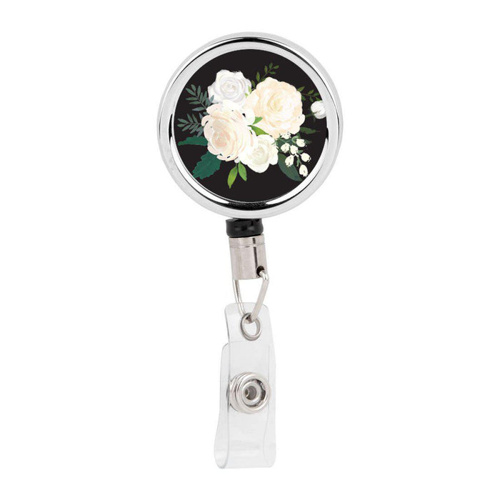 Retractable Badge Reel Holder With Clip, Pink Peonies Floral Design-Set of 1-Andaz Press-Ivory Roses Flowers-