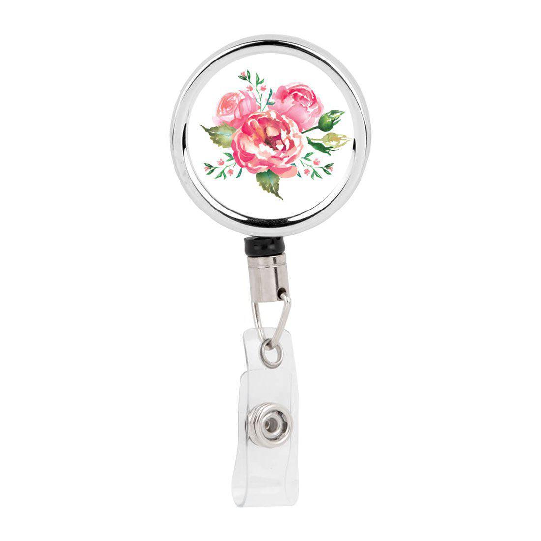 Badge Reel, Flower Badge Holder, Pink Floral ID Badge Reel Clips