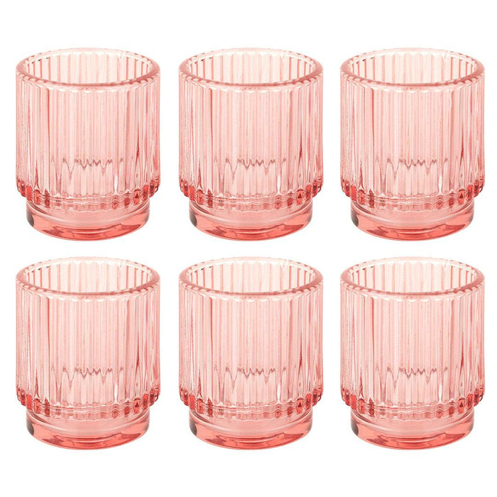 Ribbed Glass Votive Candle Holders - Aesthetic Decor & Candle Holders for Table Centerpiece, Set of 6-Set of 6-Koyal Wholesale-Blush Pink-