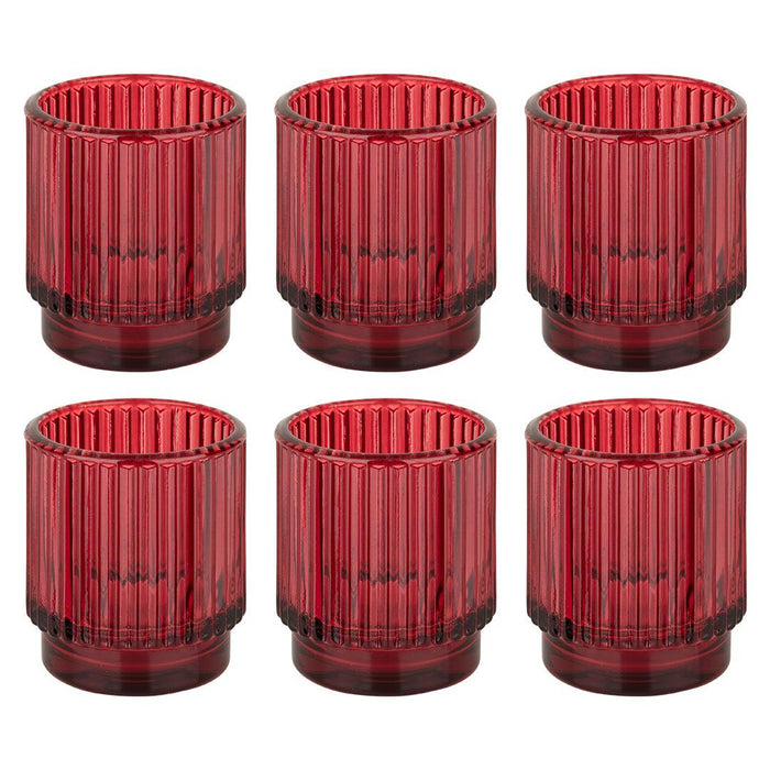 Ribbed Glass Votive Candle Holders - Aesthetic Decor & Candle Holders for Table Centerpiece, Set of 6-Set of 6-Koyal Wholesale-Burgundy-