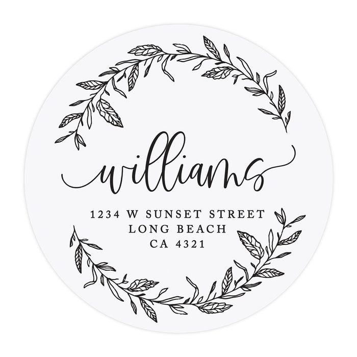 Round Clear Custom Wedding Return Address Labels with Black Ink, Set of 40-Set of 40-Andaz Press-Wreath-