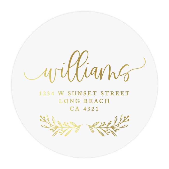 Round Clear Custom Wedding Return Address Labels with Gold Ink, Set of 40-Set of 40-Andaz Press-Minimal Foliage Wreath-