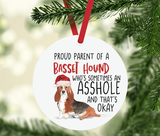 Round MDF Natural Wood Christmas Tree Ornament Dog Lover's Gift, Watercolor Design 1-Set of 1-Andaz Press-Basset Hound-