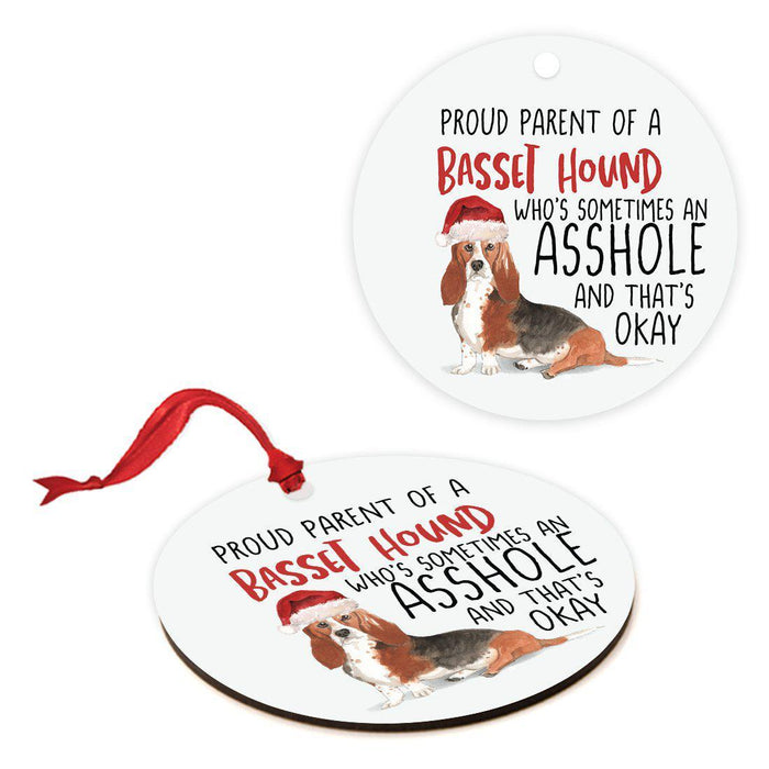 Round MDF Natural Wood Christmas Tree Ornament Dog Lover's Gift, Watercolor Design 1-Set of 1-Andaz Press-Basset Hound-