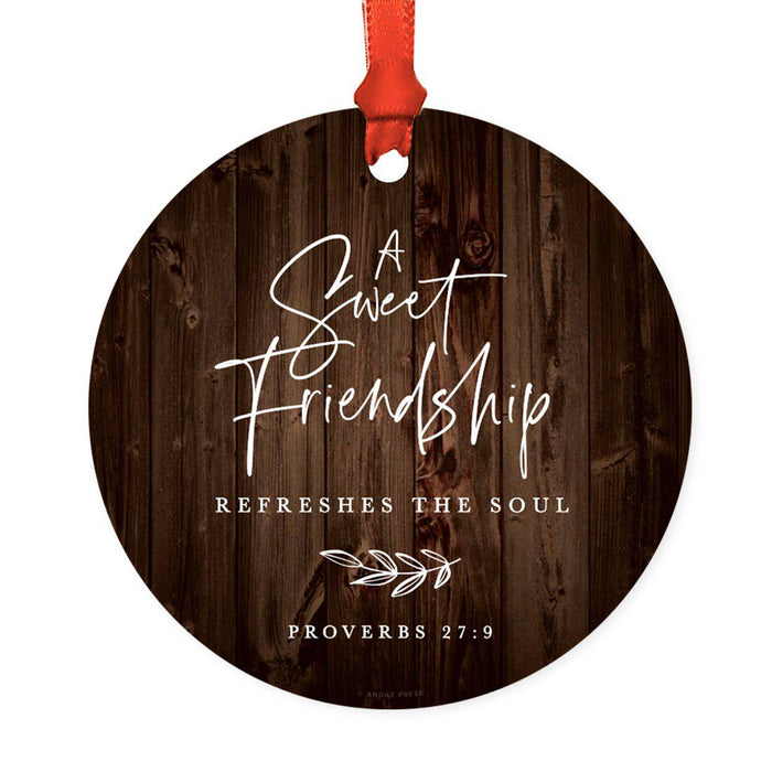 Round Metal Christmas Ornament Collectible Friendship Gift, Rustic Wood-Set of 1-Andaz Press-Sweet Friendship-
