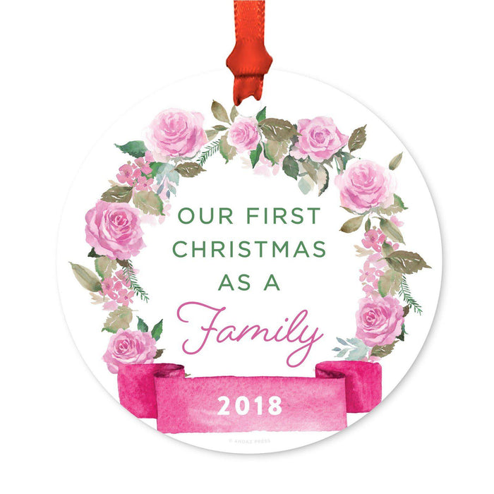 Round Metal Christmas Ornament, Pink Flowers Banner, Includes Ribbon and Gift Bag-Set of 1-Andaz Press-Mommy Daddy-