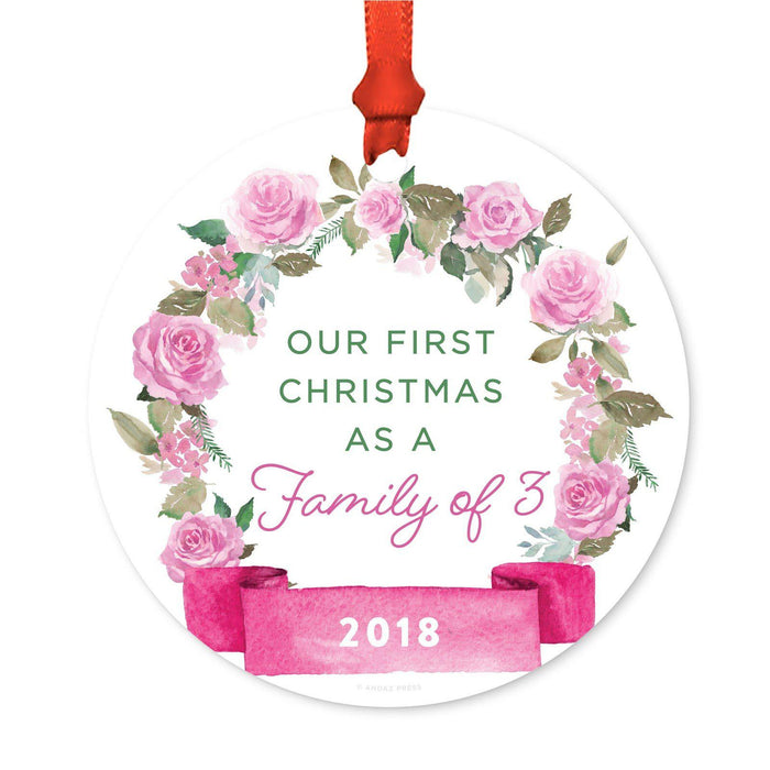 Round Metal Christmas Ornament, Pink Flowers Banner, Includes Ribbon and Gift Bag-Set of 1-Andaz Press-Mommy Daddy-