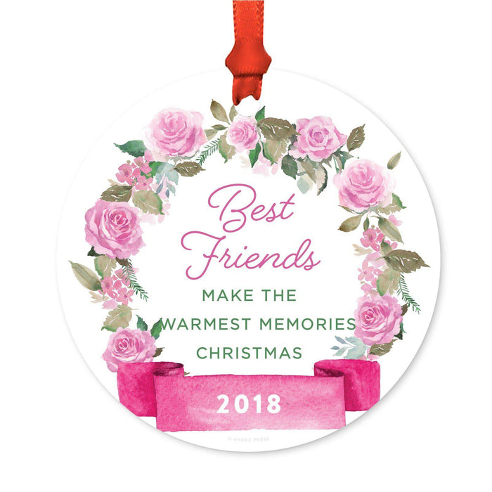 Round Metal Christmas Ornament, Pink Flowers Banner, Includes Ribbon and Gift Bag-Set of 1-Andaz Press-Mommy Daddy-