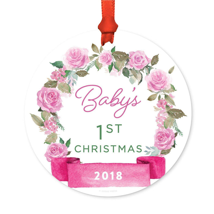 Round Metal Christmas Ornament, Pink Flowers Banner, Includes Ribbon and Gift Bag-Set of 1-Andaz Press-Mommy Daddy-
