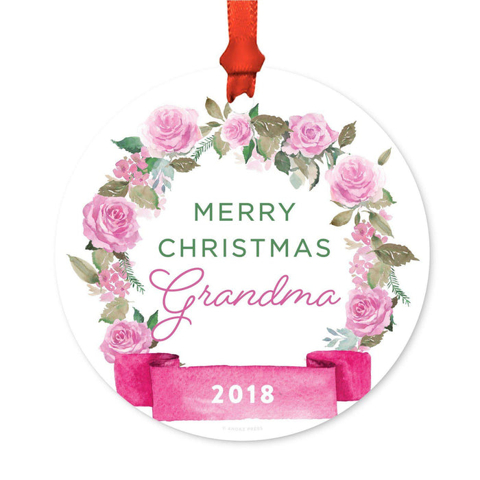 Round Metal Christmas Ornament, Pink Flowers Banner, Includes Ribbon and Gift Bag-Set of 1-Andaz Press-Mommy Daddy-