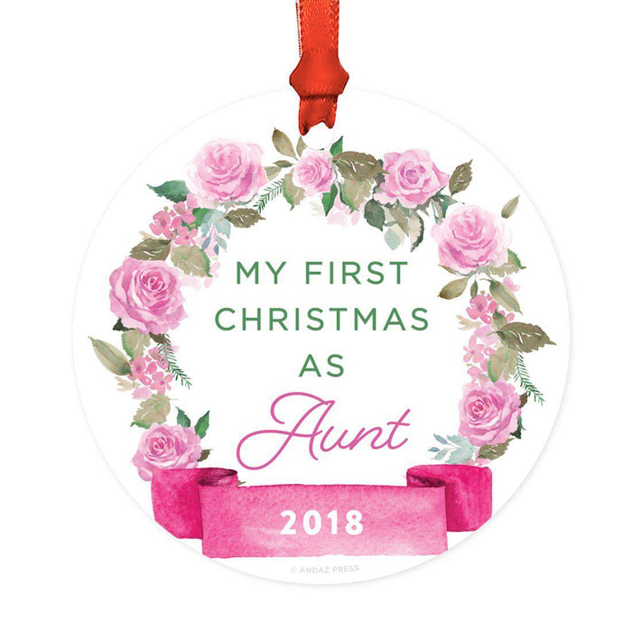 Round Metal Christmas Ornament, Pink Flowers Banner, Includes Ribbon and Gift Bag-Set of 1-Andaz Press-Aunt-