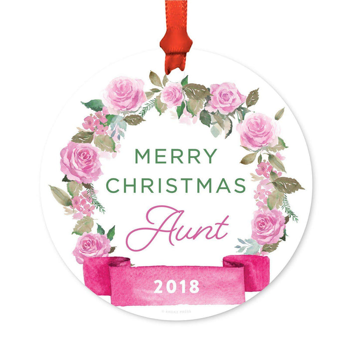 Round Metal Christmas Ornament, Pink Flowers Banner, Includes Ribbon and Gift Bag-Set of 1-Andaz Press-Aunt Merry Christmas-