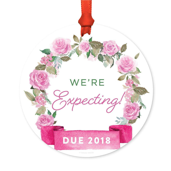 Round Metal Christmas Ornament, Pink Flowers Banner, Includes Ribbon and Gift Bag-Set of 1-Andaz Press-Baby Pregnancy-